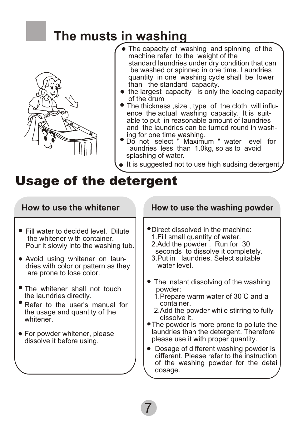 Т³гж 9, The musts in washing, Usage of the detergent | haier Twin-tub Washing Machine User Manual | Page 9 / 16