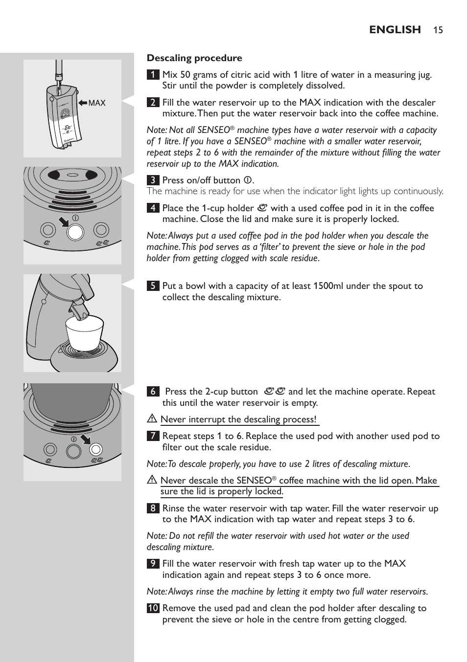 Descaling procedure | Philips HD7810 User Manual | Page 15 / 90