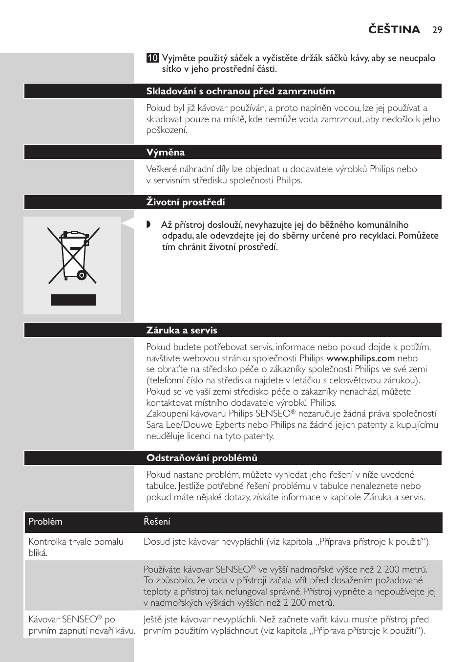 Skladování s ochranou před zamrznutím, Výměna, Životní prostředí | Záruka a servis, Odstraňování problémů | Philips HD7810 User Manual | Page 29 / 90