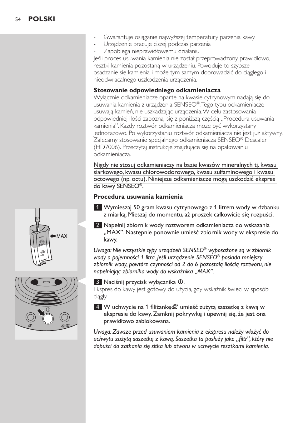 Stosowanie odpowiedniego odkamieniacza, Procedura usuwania kamienia | Philips HD7810 User Manual | Page 54 / 90