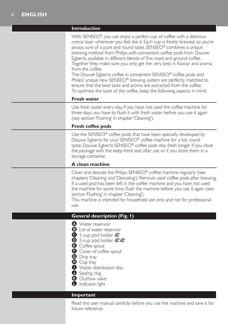 English, Introduction, Fresh water | Fresh coffee pods, A clean machine, General description (fig. 1), Important | Philips HD7810 User Manual | Page 6 / 90