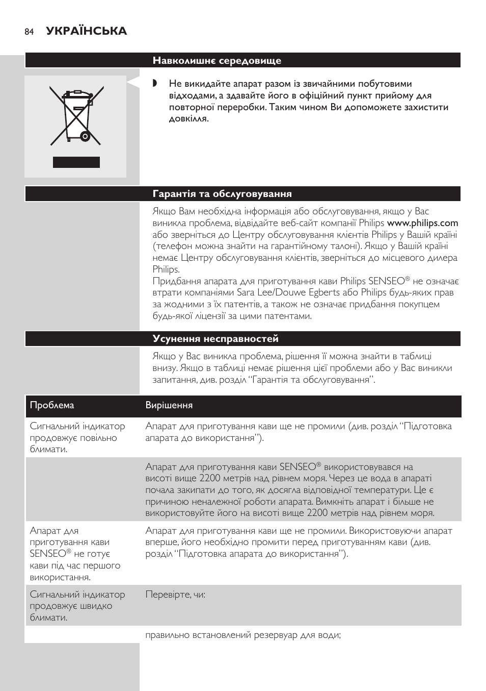 Навколишнє середовище, Гарантія та обслуговування, Усунення несправностей | Philips HD7810 User Manual | Page 84 / 90