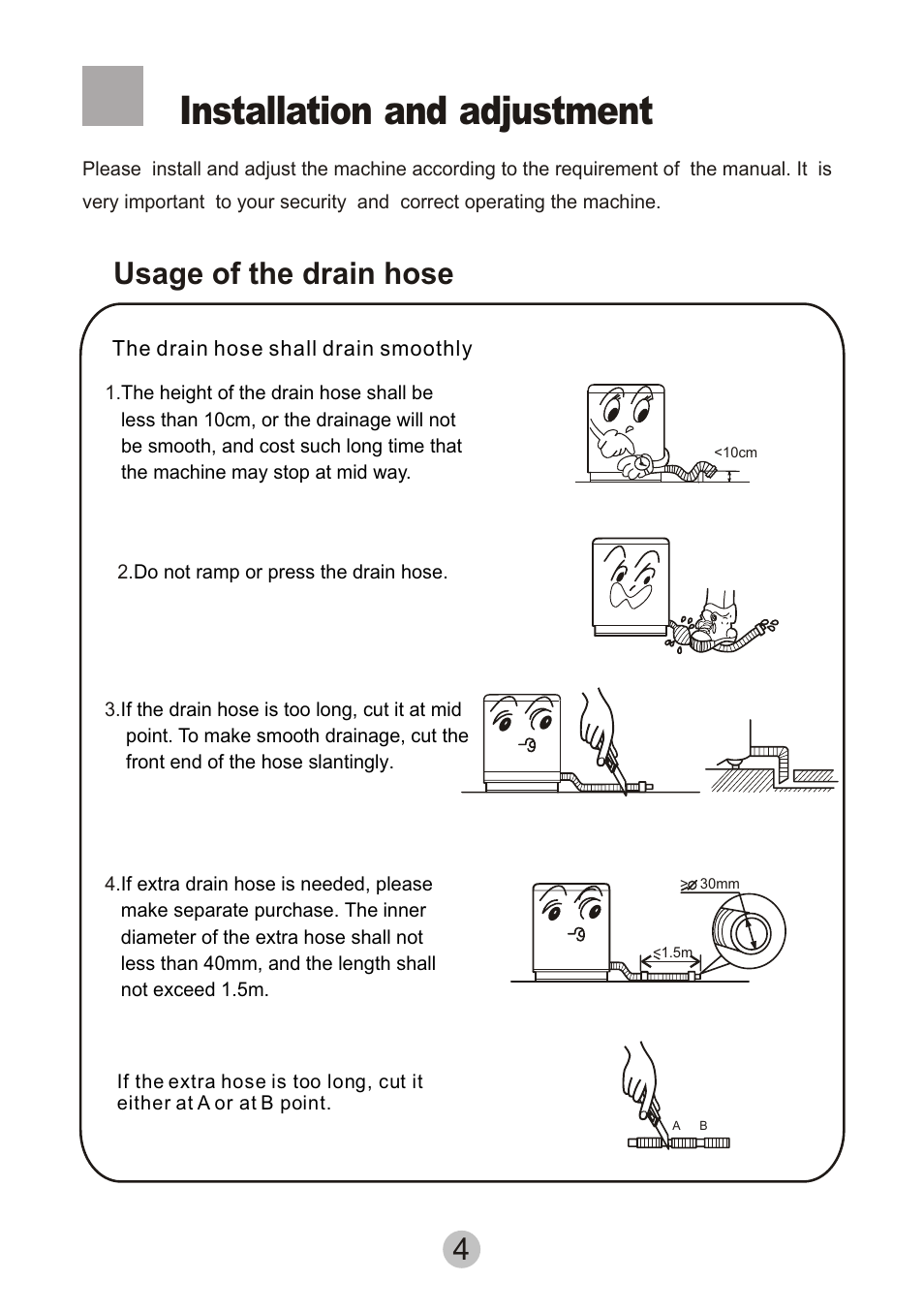 Installation and adjustment, Usage of the drain hose | haier HWM80-0626SH User Manual | Page 6 / 19