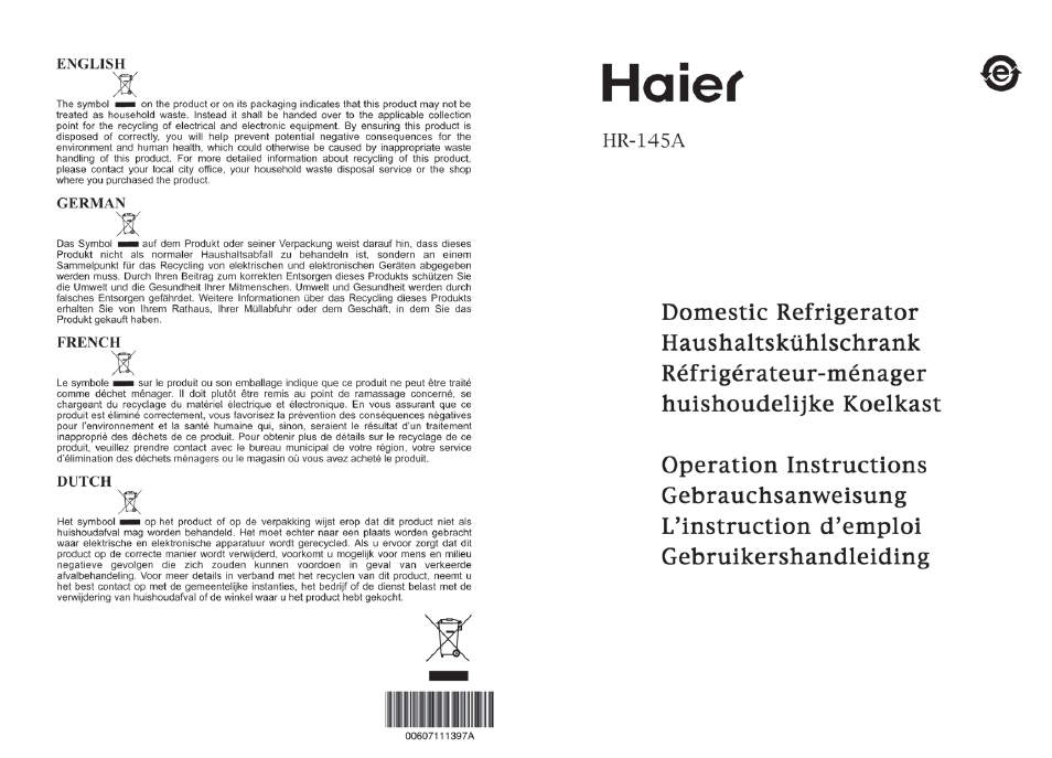haier HR-145A User Manual | 30 pages