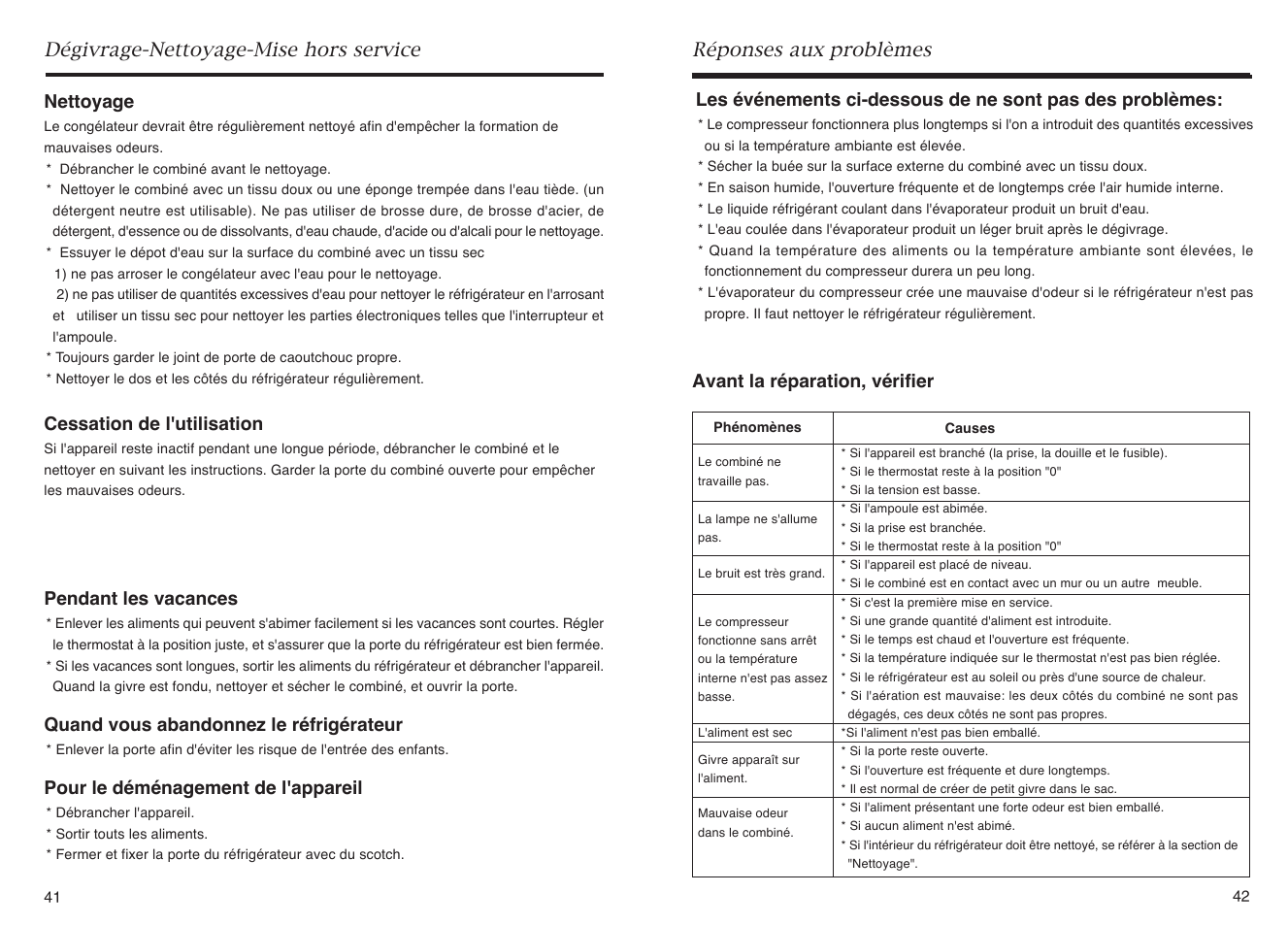 Dégivrage-nettoyage-mise hors service, Réponses aux problèmes | haier HR-145A User Manual | Page 23 / 30