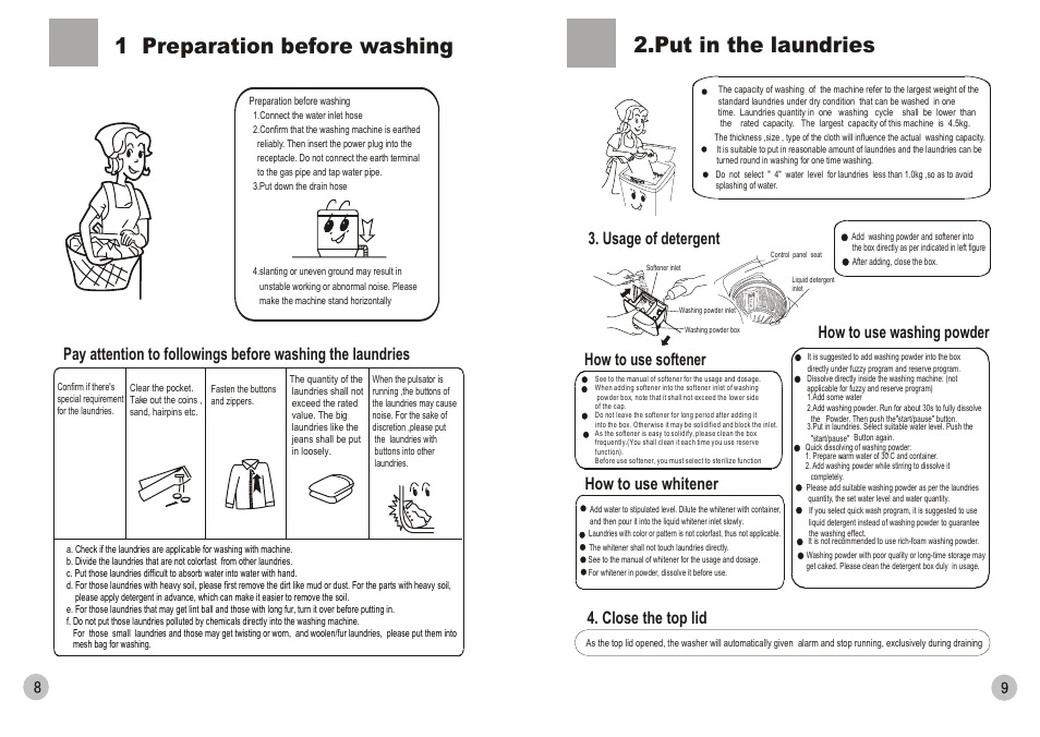 Put in the laundries, 1 preparation before washing, Close the top lid | How to use whitener how to use washing powder, Usage of detergent, How to use softener | haier HWM80-0566 User Manual | Page 10 / 10