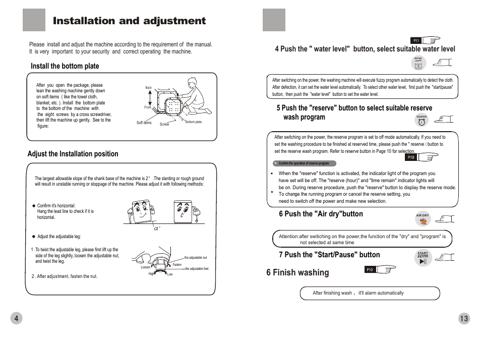 Installation and adjustment, 6 finish washing, 7 push the "start/pause" button | 6 push the "air dry"button | haier HWM80-0566 User Manual | Page 6 / 10