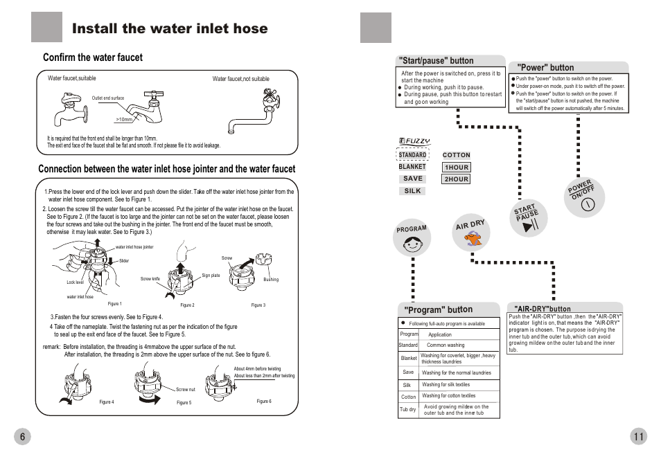 Install the water inlet hose, Confirm the water faucet, Start/pause" button | Program" button, Power" button | haier HWM80-0566 User Manual | Page 8 / 10