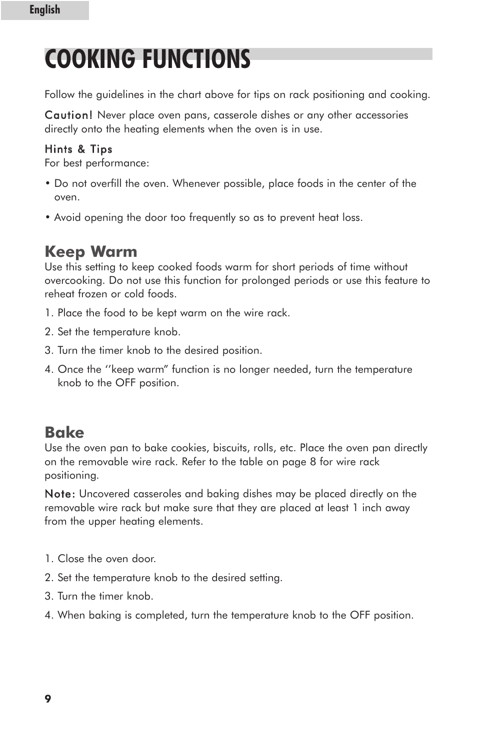 Cooking functions, Keep warm, Bake | haier RTO1400SS User Manual | Page 10 / 16
