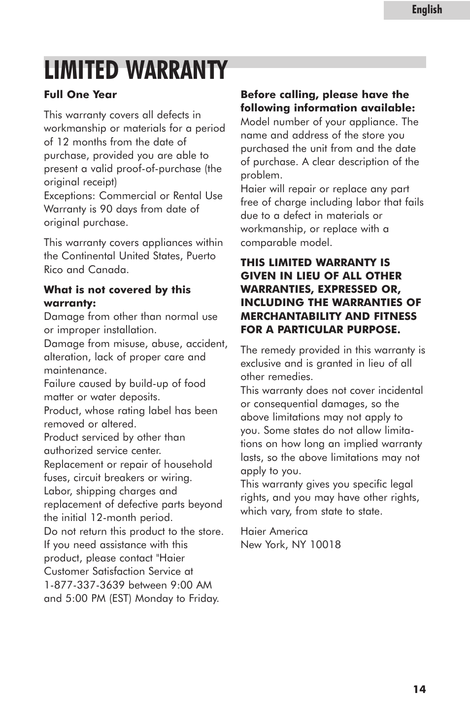 Limited warranty | haier RTO1400SS User Manual | Page 15 / 16