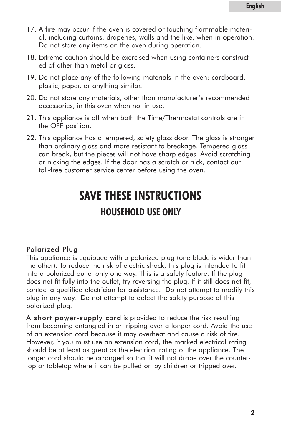 Save these instructions, Household use only | haier RTO1400SS User Manual | Page 3 / 16