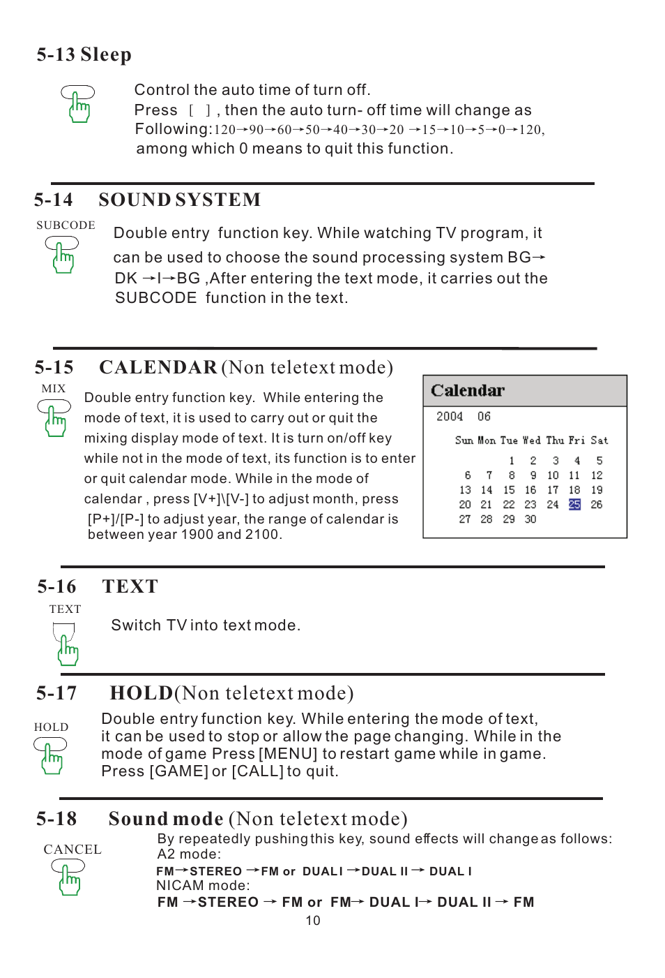 Sleep, Hold (non teletext mode) | haier L15SV6-A0 User Manual | Page 11 / 22