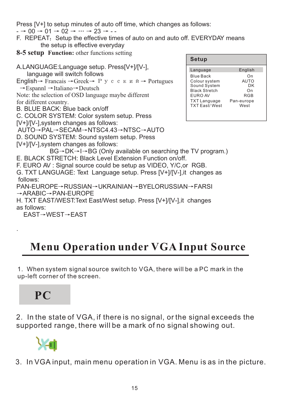 Menu operation under vga input source, 5 setup | haier L15SV6-A0 User Manual | Page 16 / 22