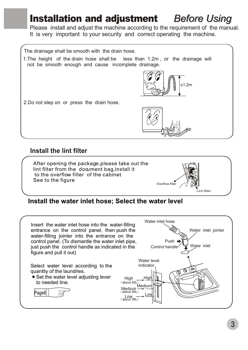 Before using, Before using installation and adjustment | haier HWM60-111P User Manual | Page 5 / 20