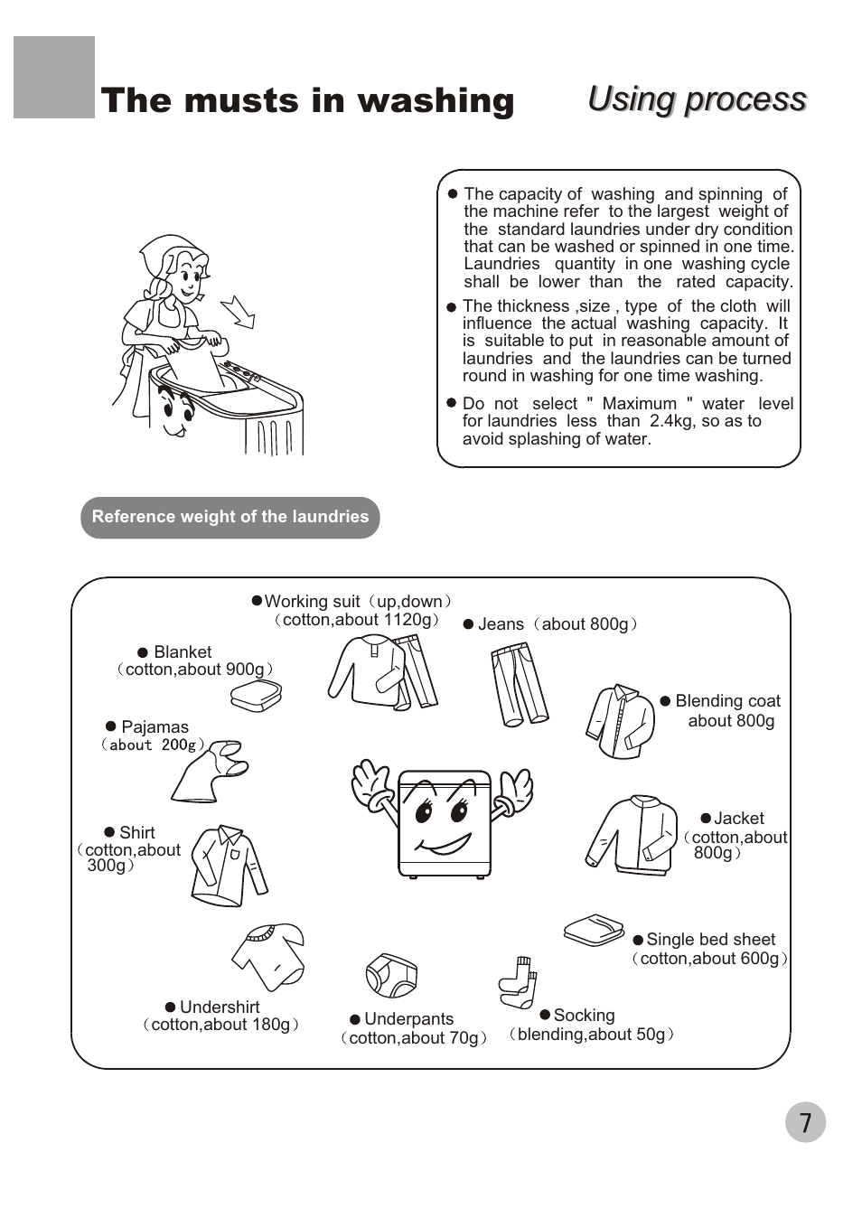 Using process, Using process the musts in washing | haier WMS650 User Manual | Page 9 / 20