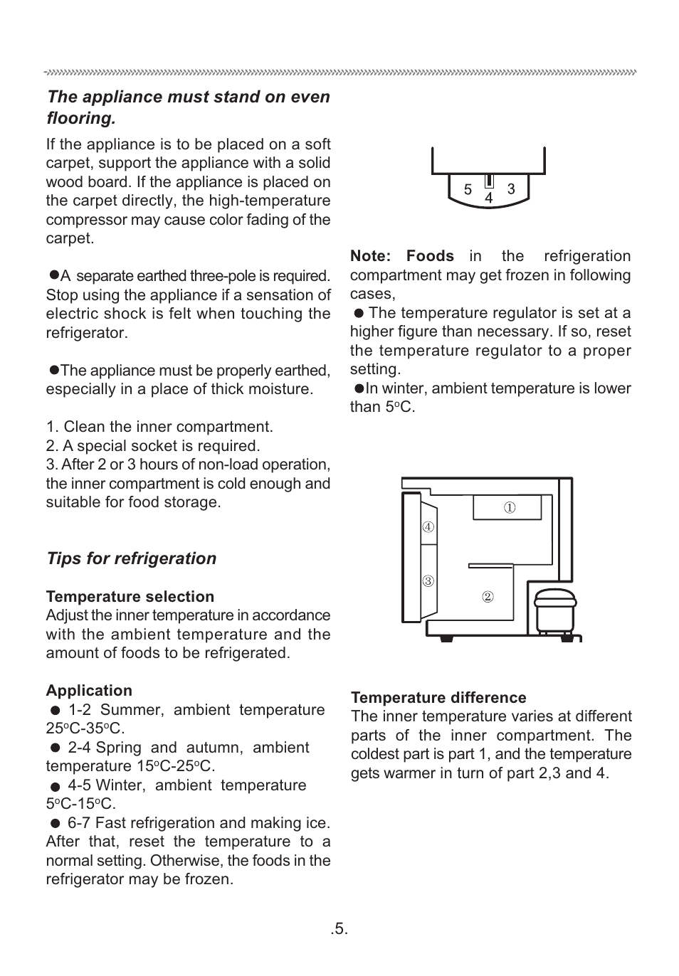 Basic operation, The appliance must stand on even flooring, Tips for refrigeration | haier HR-60A User Manual | Page 6 / 11