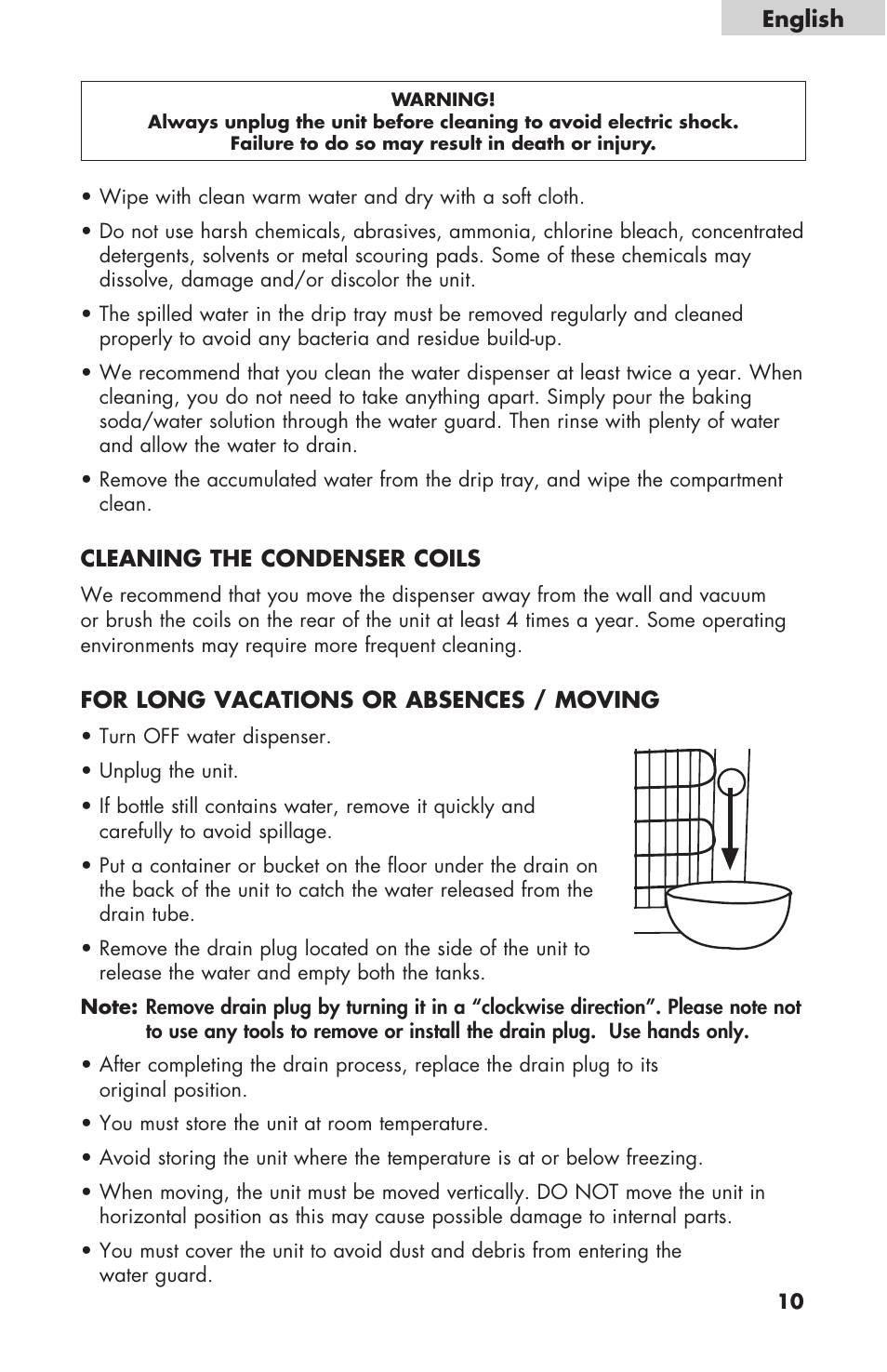 English, Cleaning the condenser coils, For long vacations or absences / moving | haier WDNS116BBS User Manual | Page 11 / 28