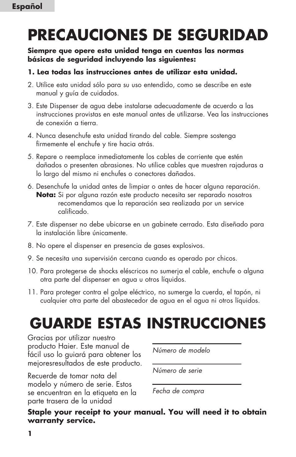 Precauciones de seguridad, Guarde estas instrucciones | haier WDNS116BBS User Manual | Page 14 / 28
