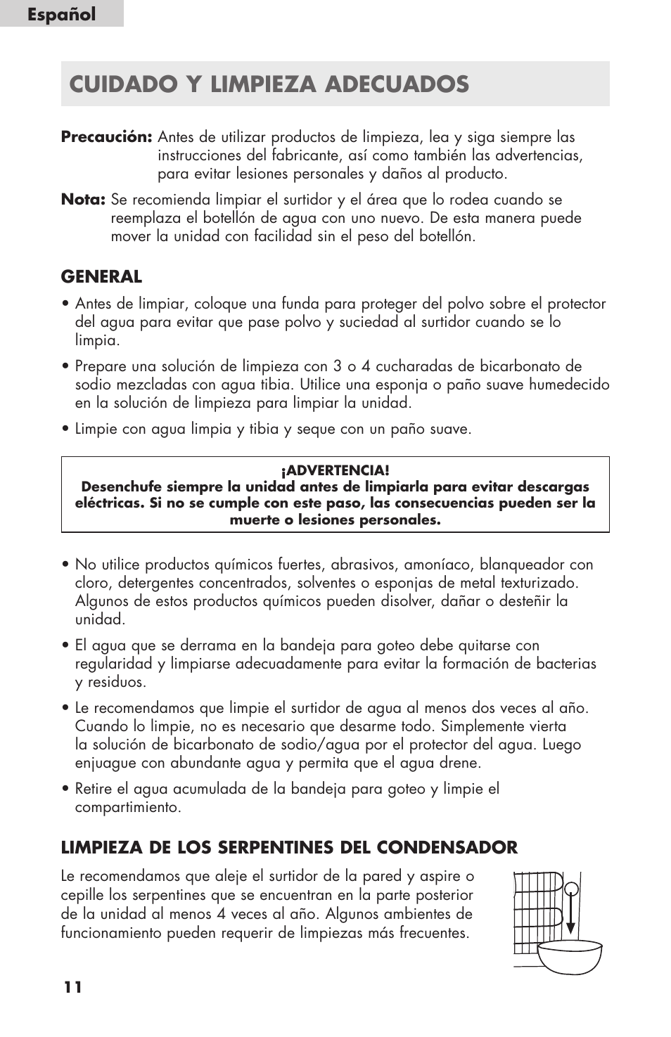 Cuidado y limpieza adecuados, Español, General | Limpieza de los serpentines del condensador | haier WDNS116BBS User Manual | Page 24 / 28