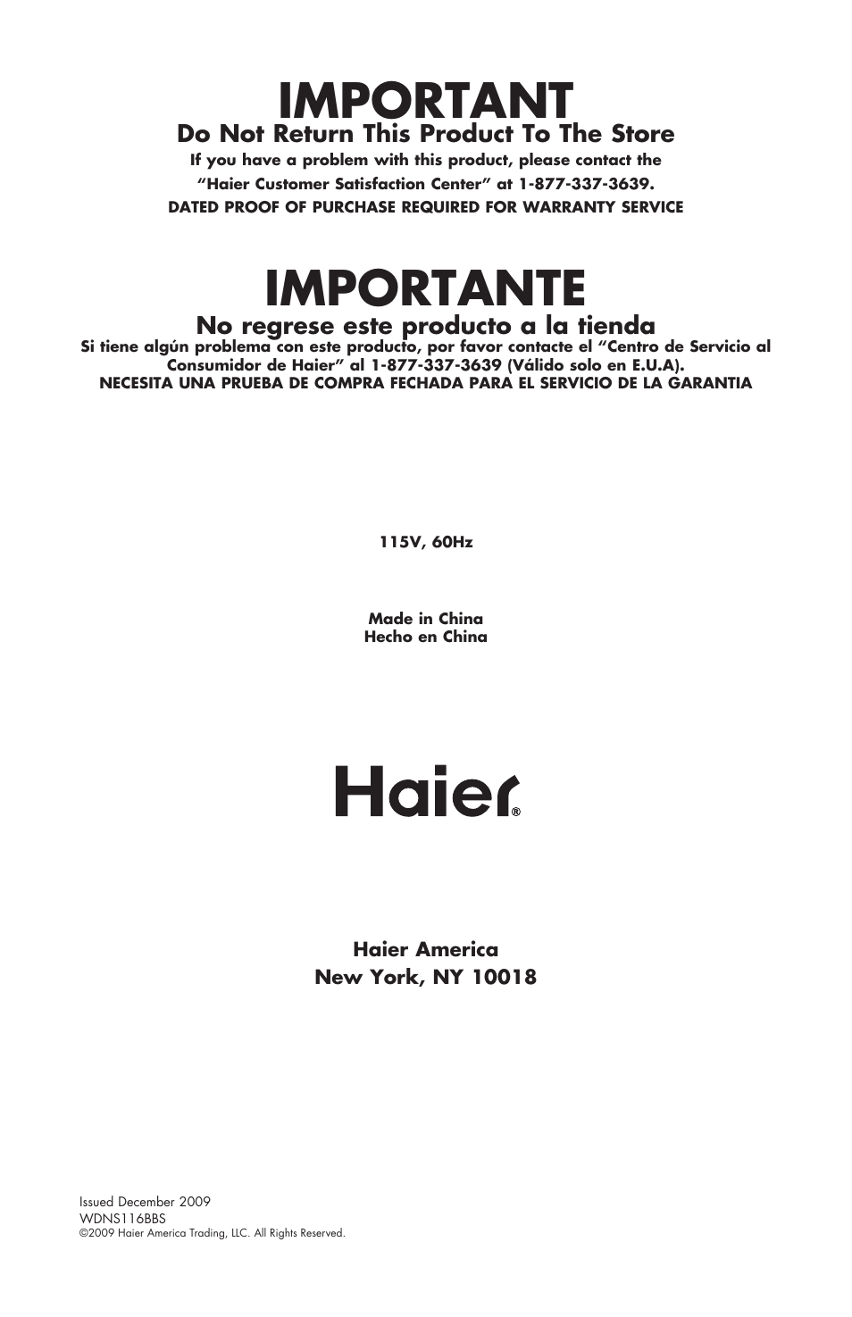 Important, Importante, Do not return this product to the store | No regrese este producto a la tienda | haier WDNS116BBS User Manual | Page 28 / 28