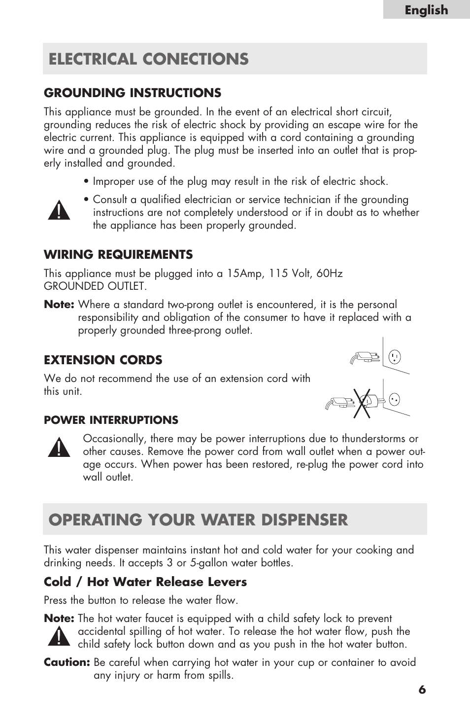 Electrical conections, Operating your water dispenser | haier WDNS116BBS User Manual | Page 7 / 28
