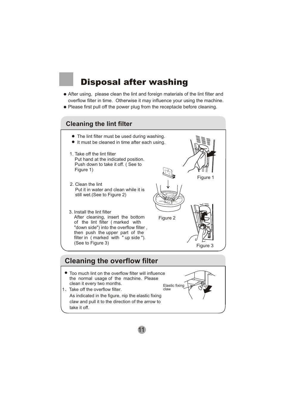 Disposal after washing, Cleaning the overflow filter, Cleaning the lint filter | haier HWM90-0713S User Manual | Page 13 / 18