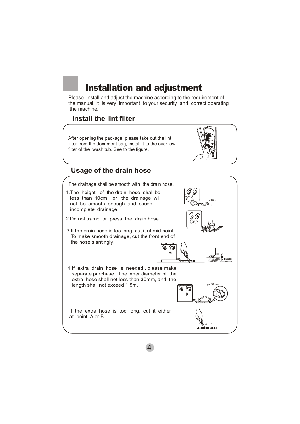 Installation and adjustment, Install the lint filter, 4usage of the drain hose | haier HWM90-0713S User Manual | Page 6 / 18