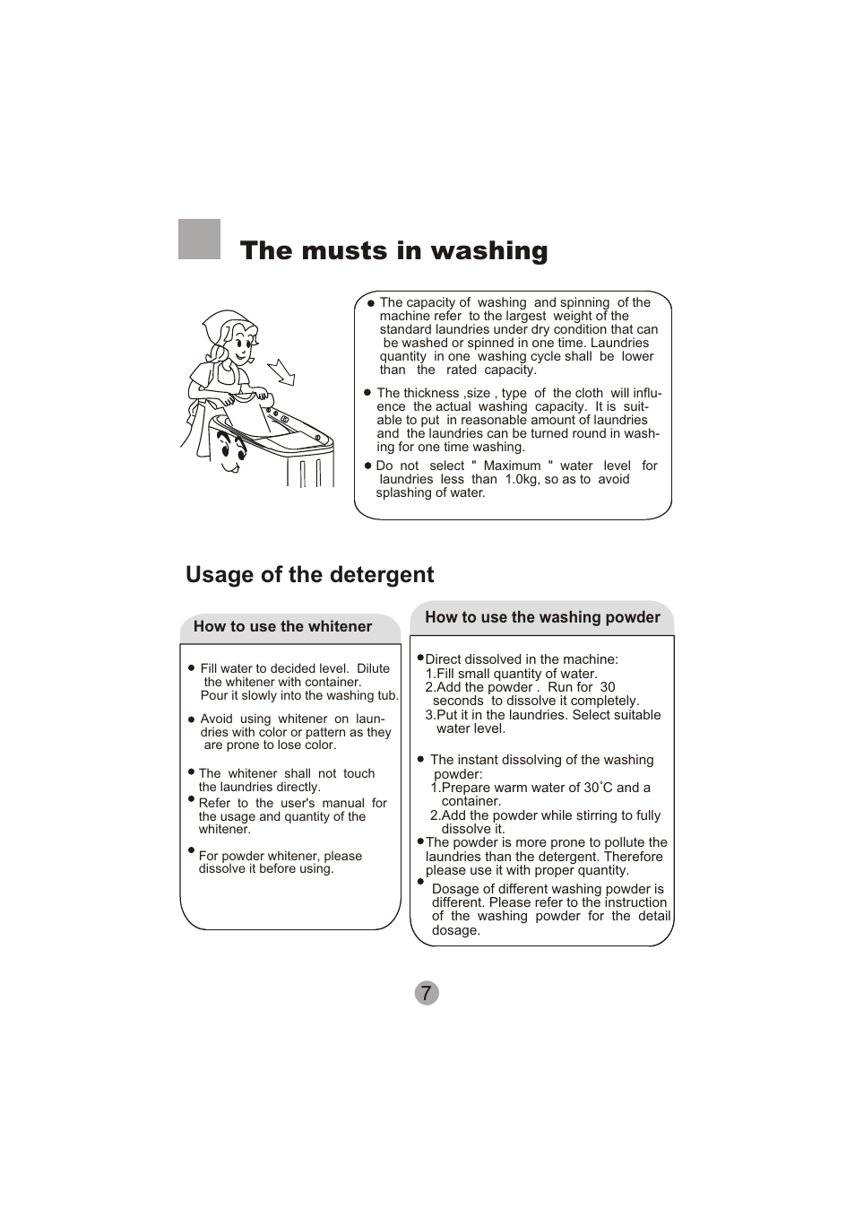 The musts in washing, Usage of the detergent | haier HWM90-0713S User Manual | Page 9 / 18