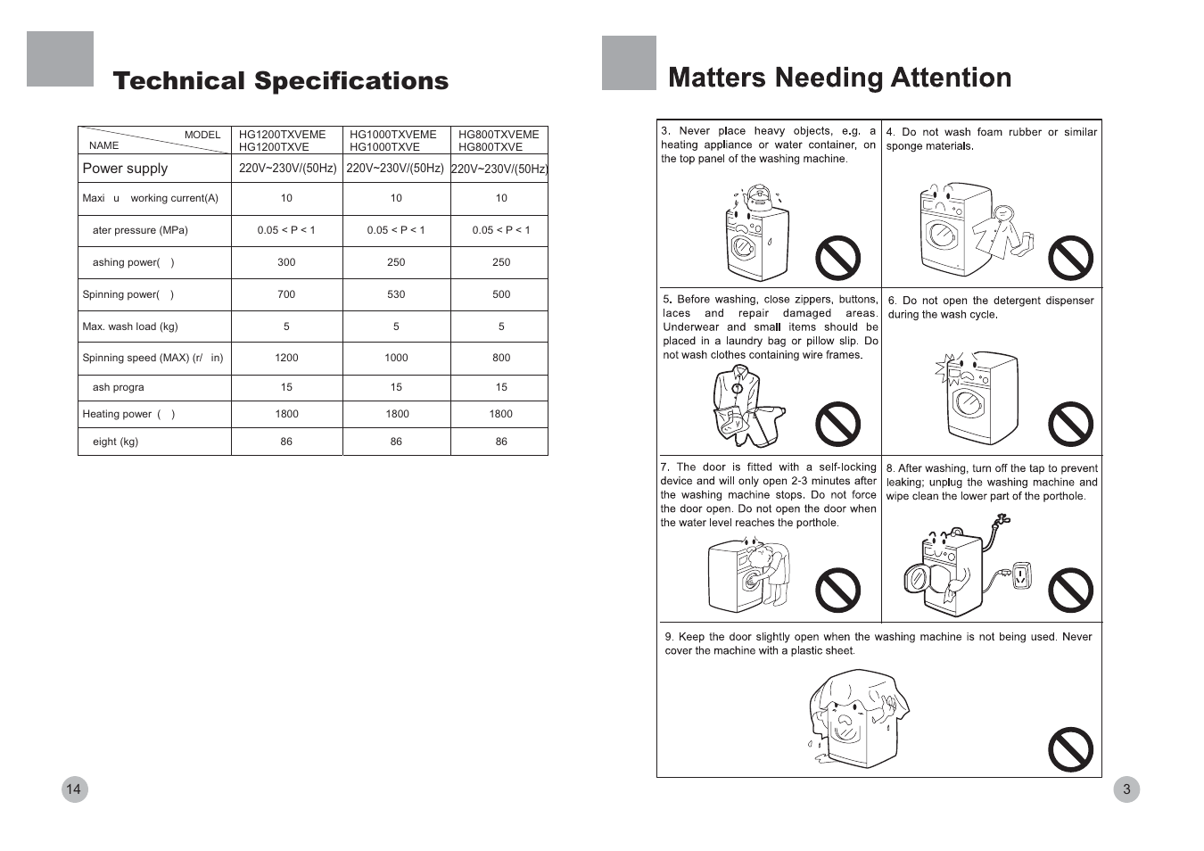 Technical specifications | haier HG1000TXVE  EN User Manual | Page 5 / 10