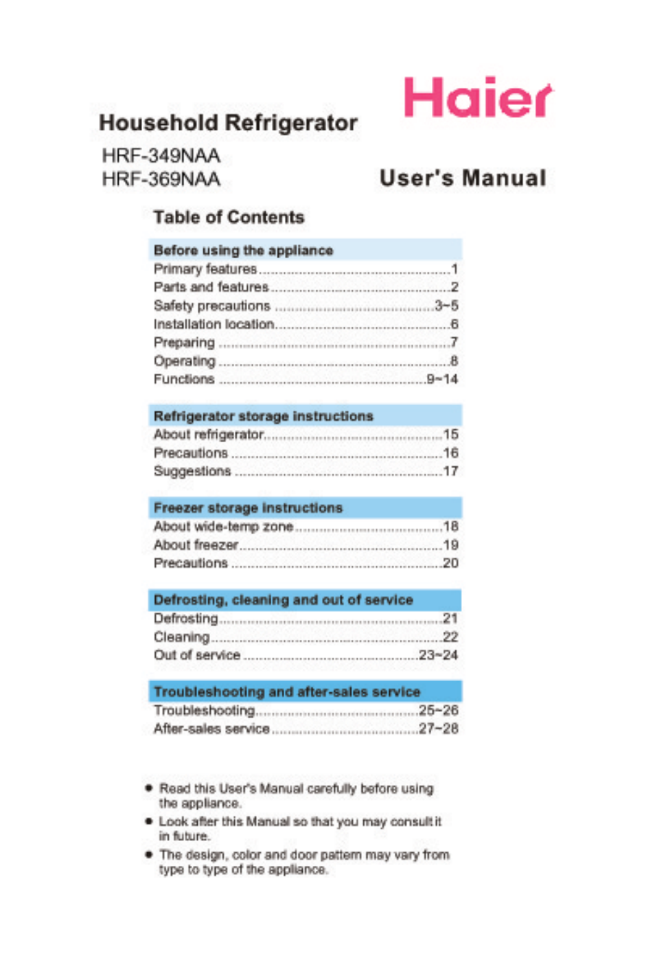 haier HRF-349NAA User Manual | 29 pages