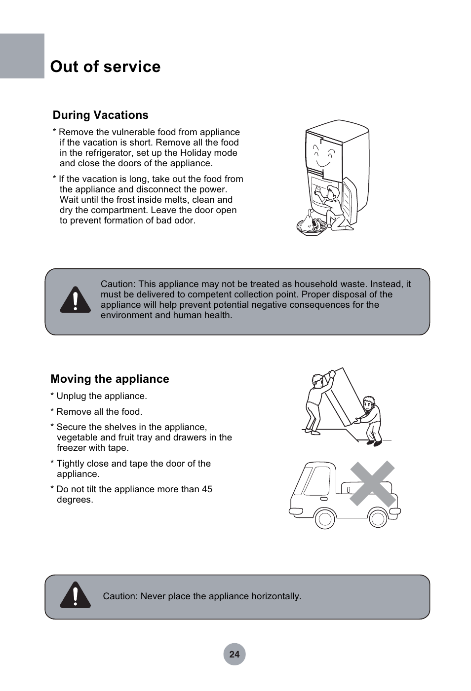 Т³гж 25, Out of service, During vacations | Moving the appliance | haier HRF-349NAA User Manual | Page 25 / 29