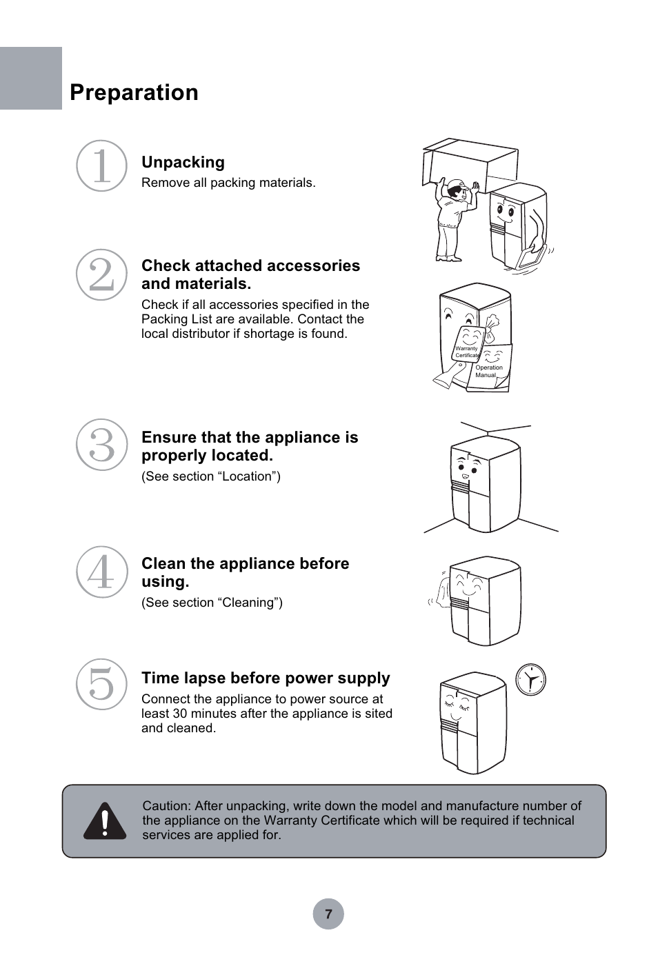 Т³гж 8, Preparation, Unpacking | Check attached accessories and materials, Ensure that the appliance is properly located, Clean the appliance before using, Time lapse before power supply | haier HRF-349NAA User Manual | Page 8 / 29