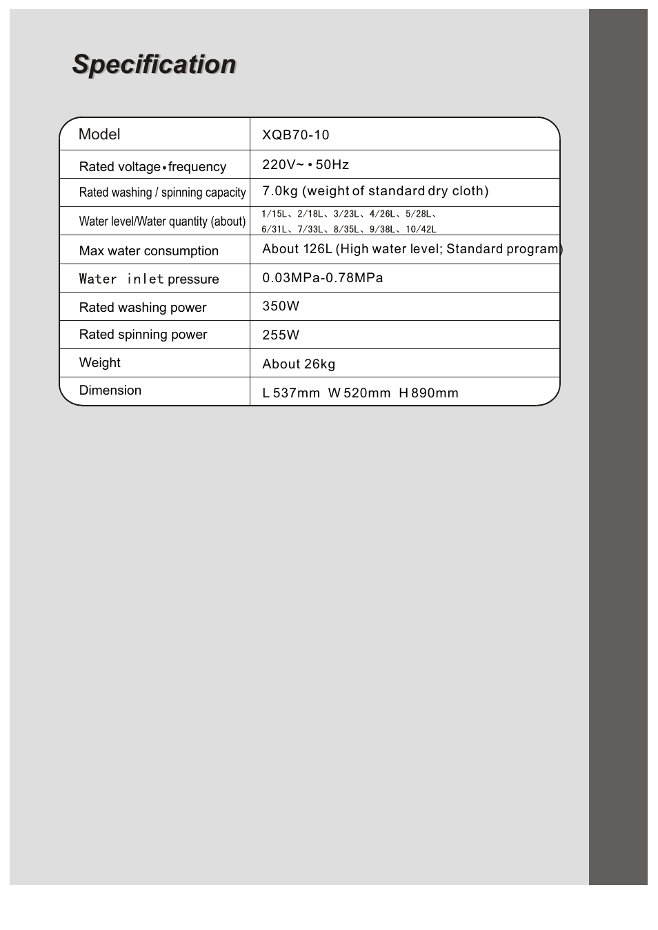 Specification | haier XQB70-10 User Manual | Page 20 / 20