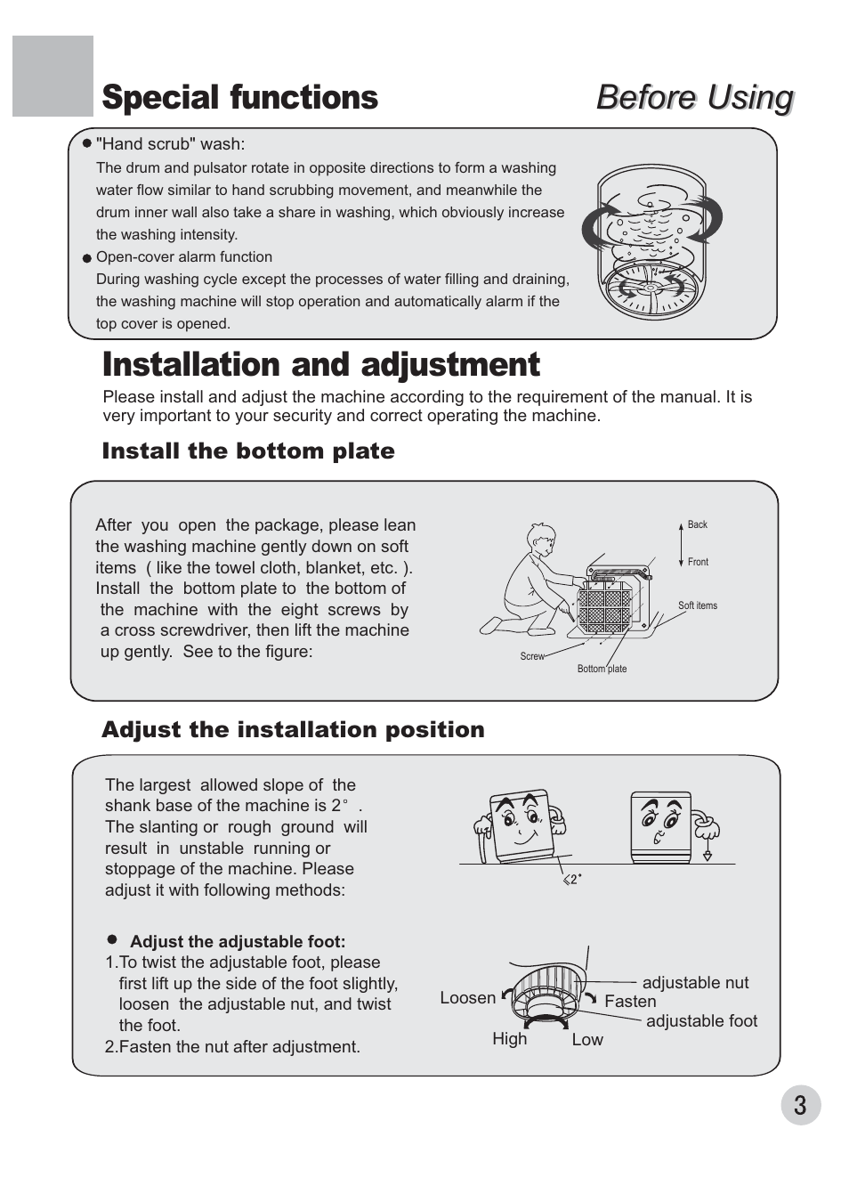 Before using, Before using installation and adjustment, Special functions | Install the bottom plate, Adjust the installation position | haier XQB70-10 User Manual | Page 5 / 20