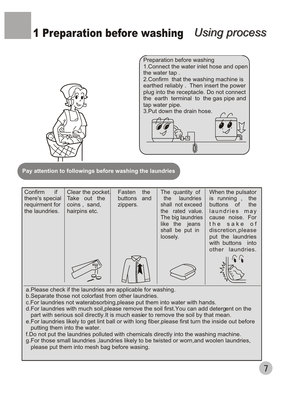 Using process, Using process 1 preparation before washing | haier XQB70-10 User Manual | Page 9 / 20