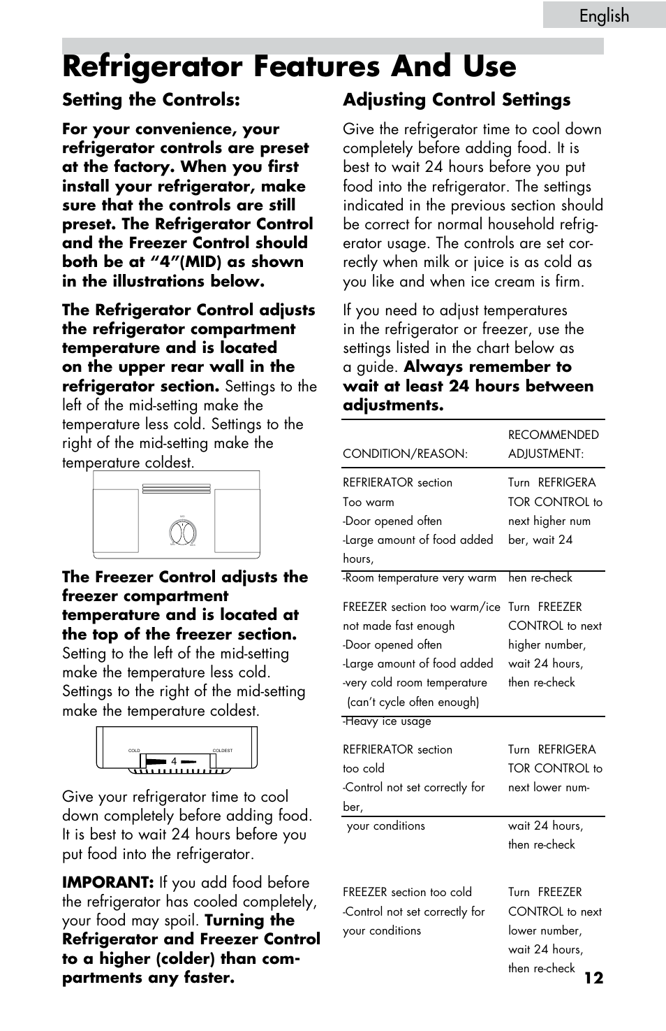 Refrigerator features and use, English, Setting the controls | Adjusting control settings | haier HBE18 User Manual | Page 13 / 84