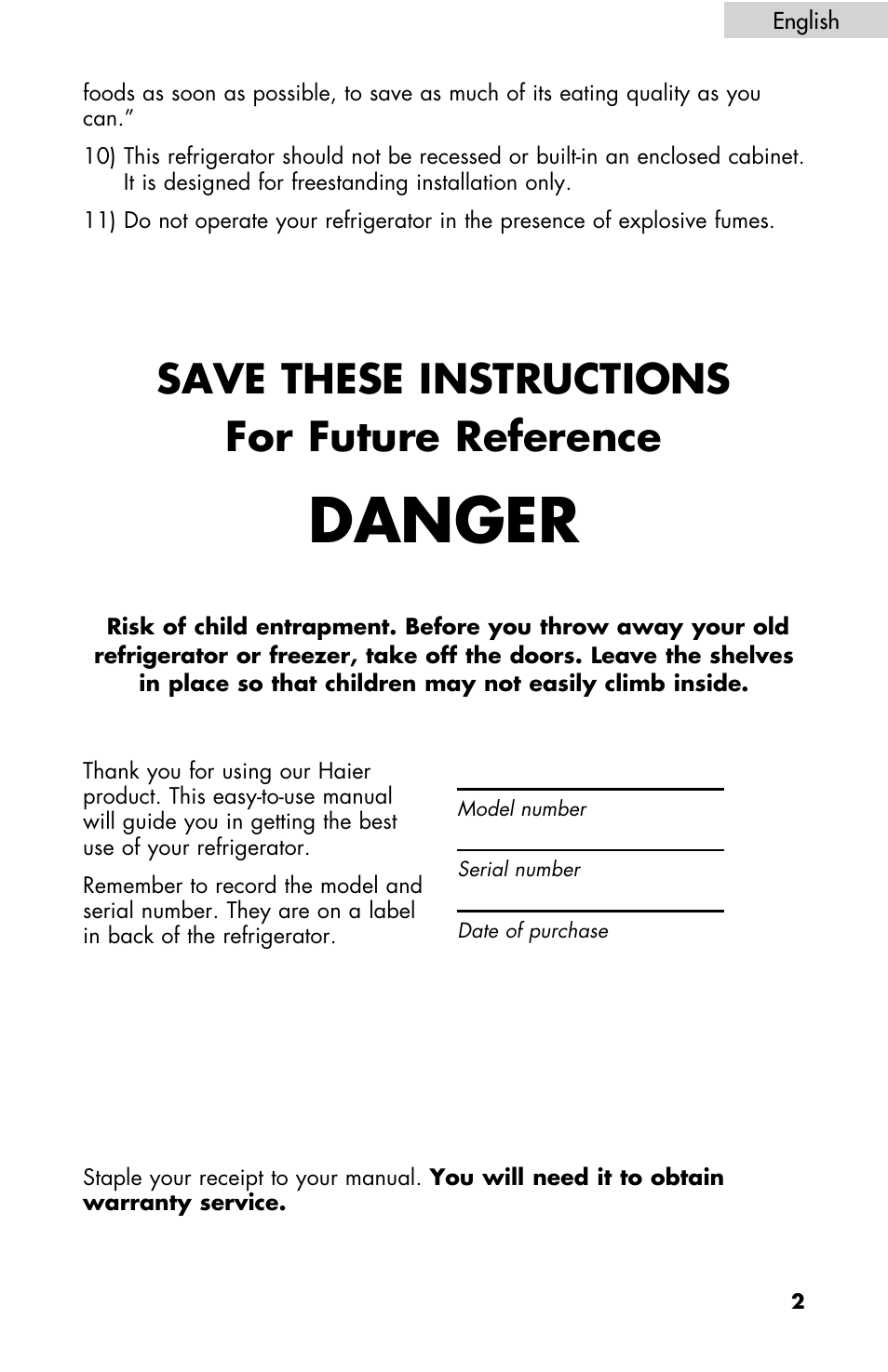 Danger, Save these instructions, For future reference | haier HBE18 User Manual | Page 3 / 84