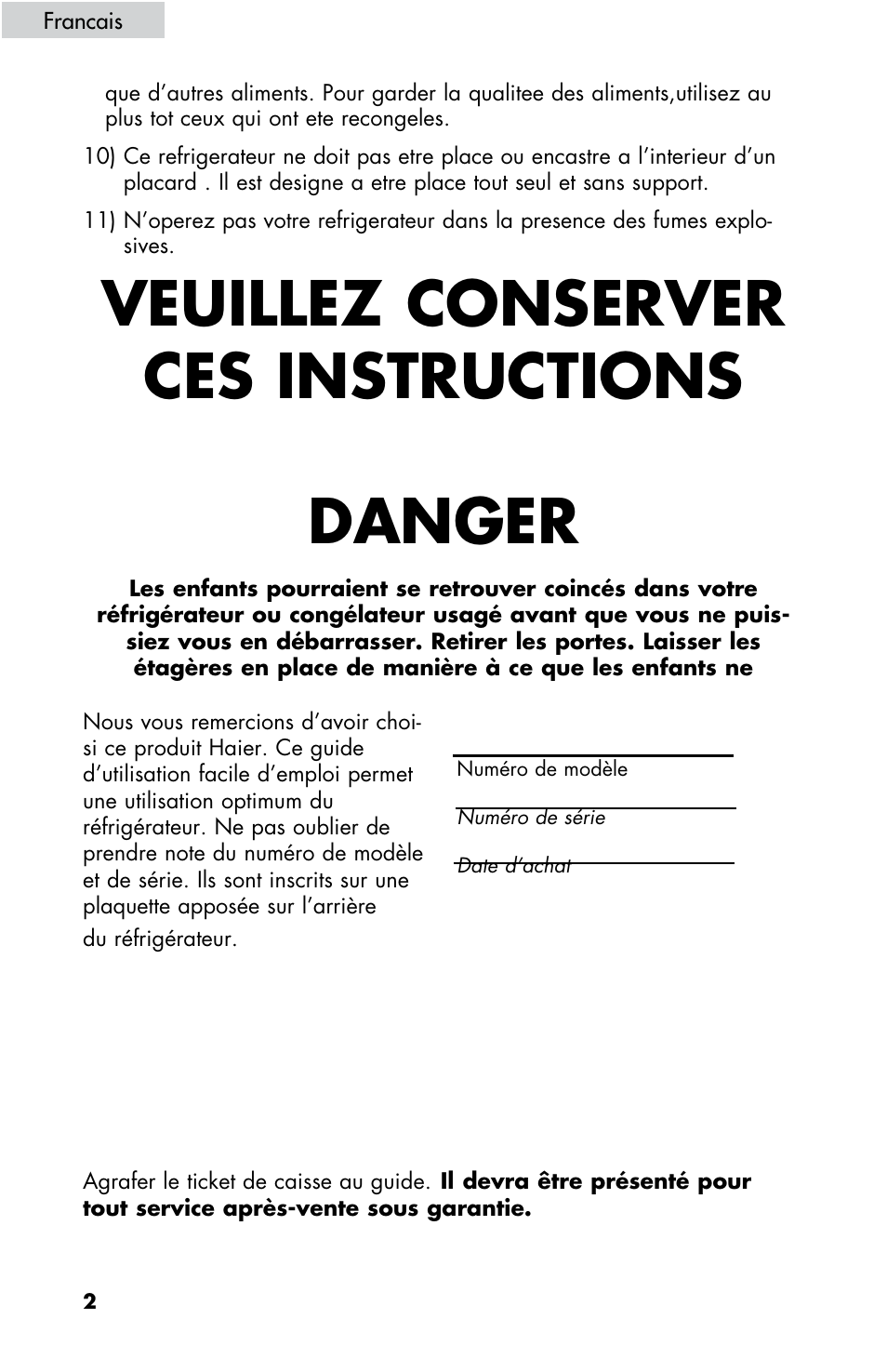 Veuillez conserver ces instructions danger | haier HBE18 User Manual | Page 30 / 84