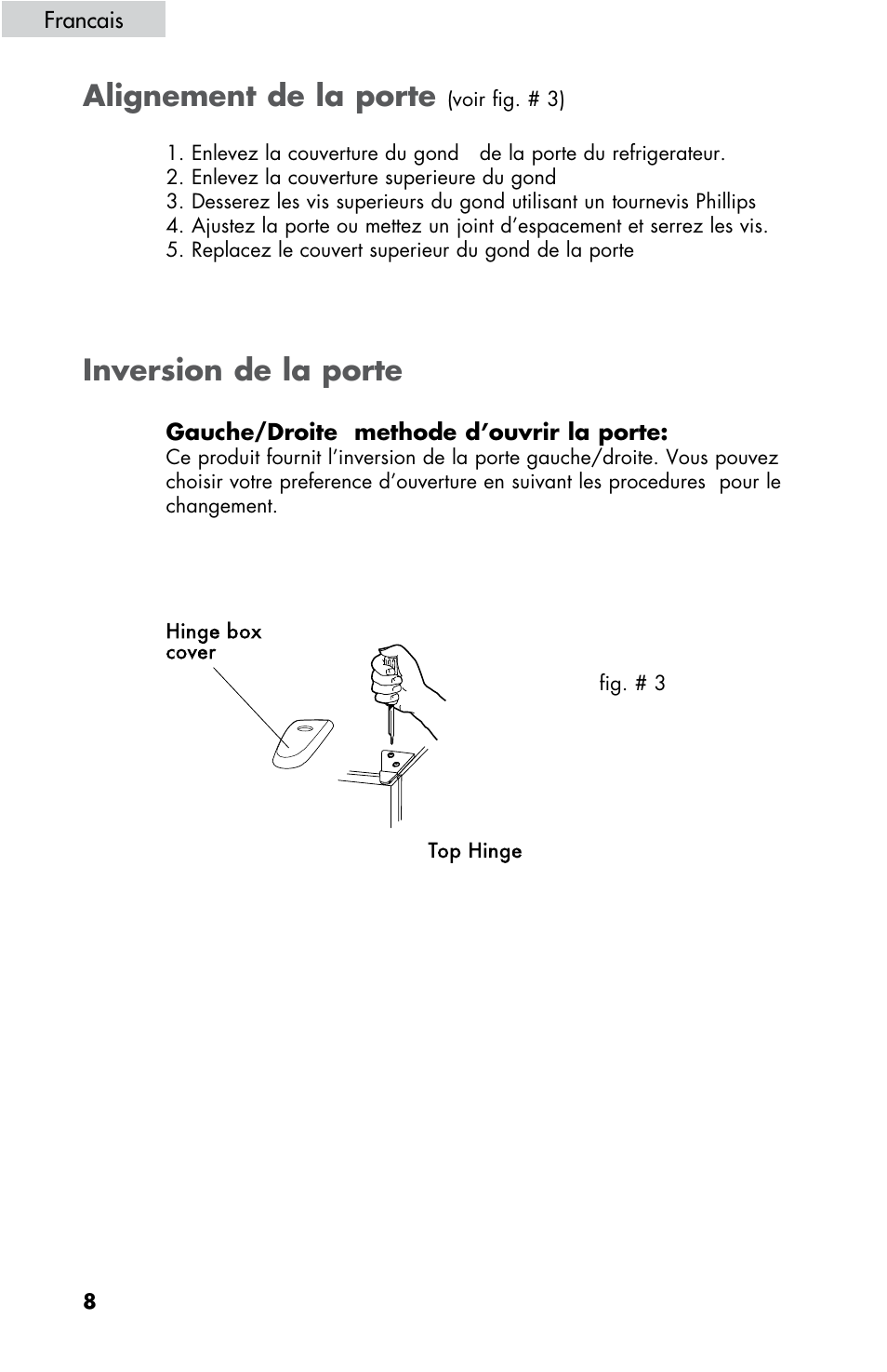 Alignement de la porte, Inversion de la porte | haier HBE18 User Manual | Page 36 / 84