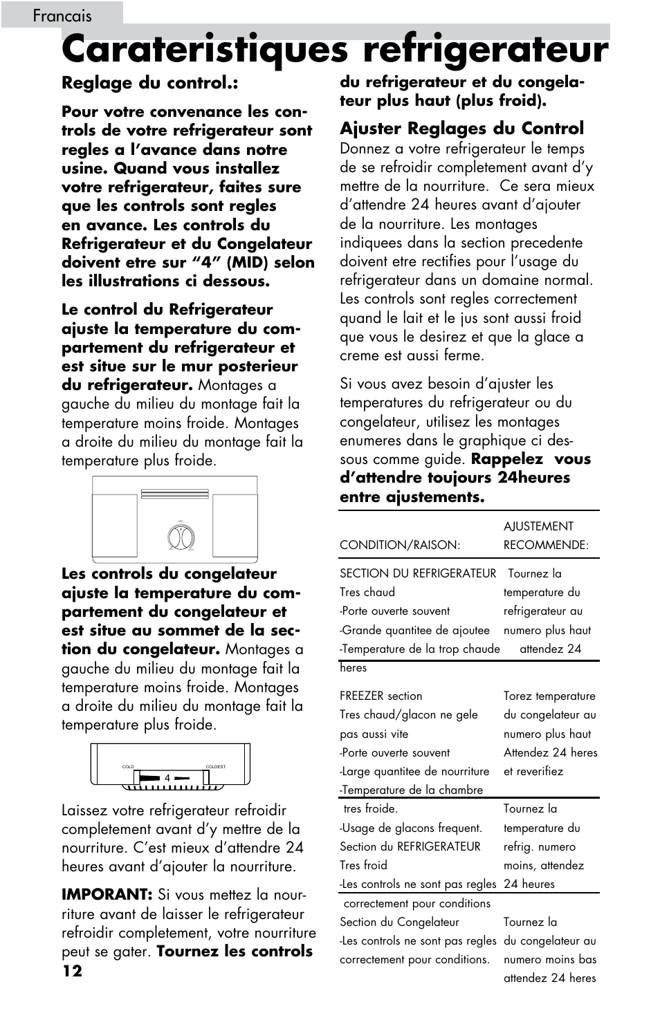 Carateristiques refrigerateur, Reglage du control, Ajuster reglages du control | Francais | haier HBE18 User Manual | Page 40 / 84