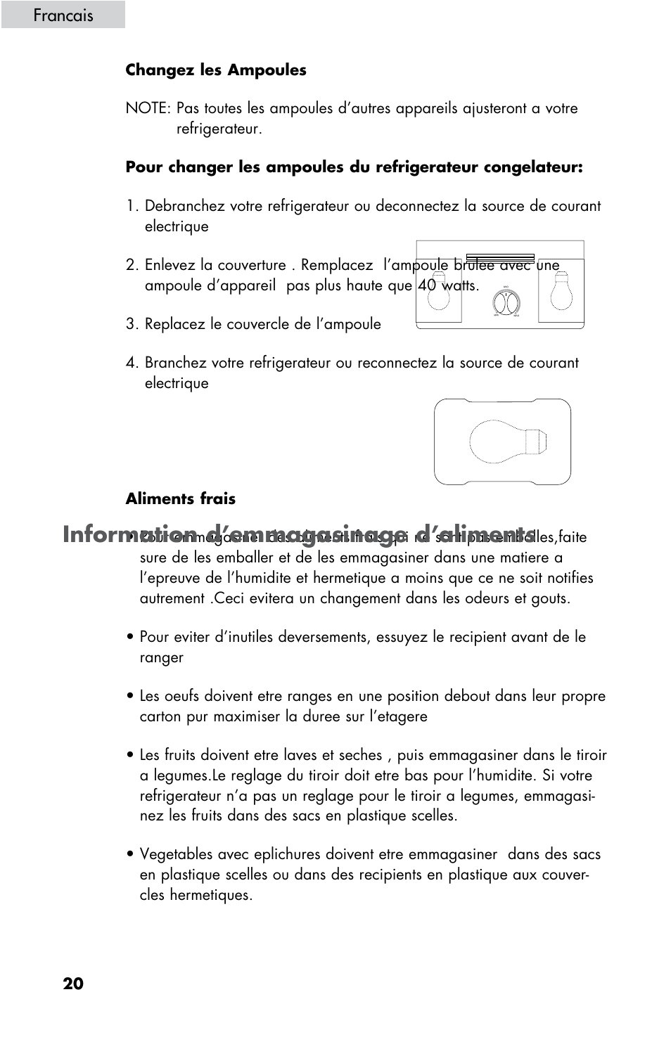 Information d’emmagasinage d’aliments | haier HBE18 User Manual | Page 48 / 84