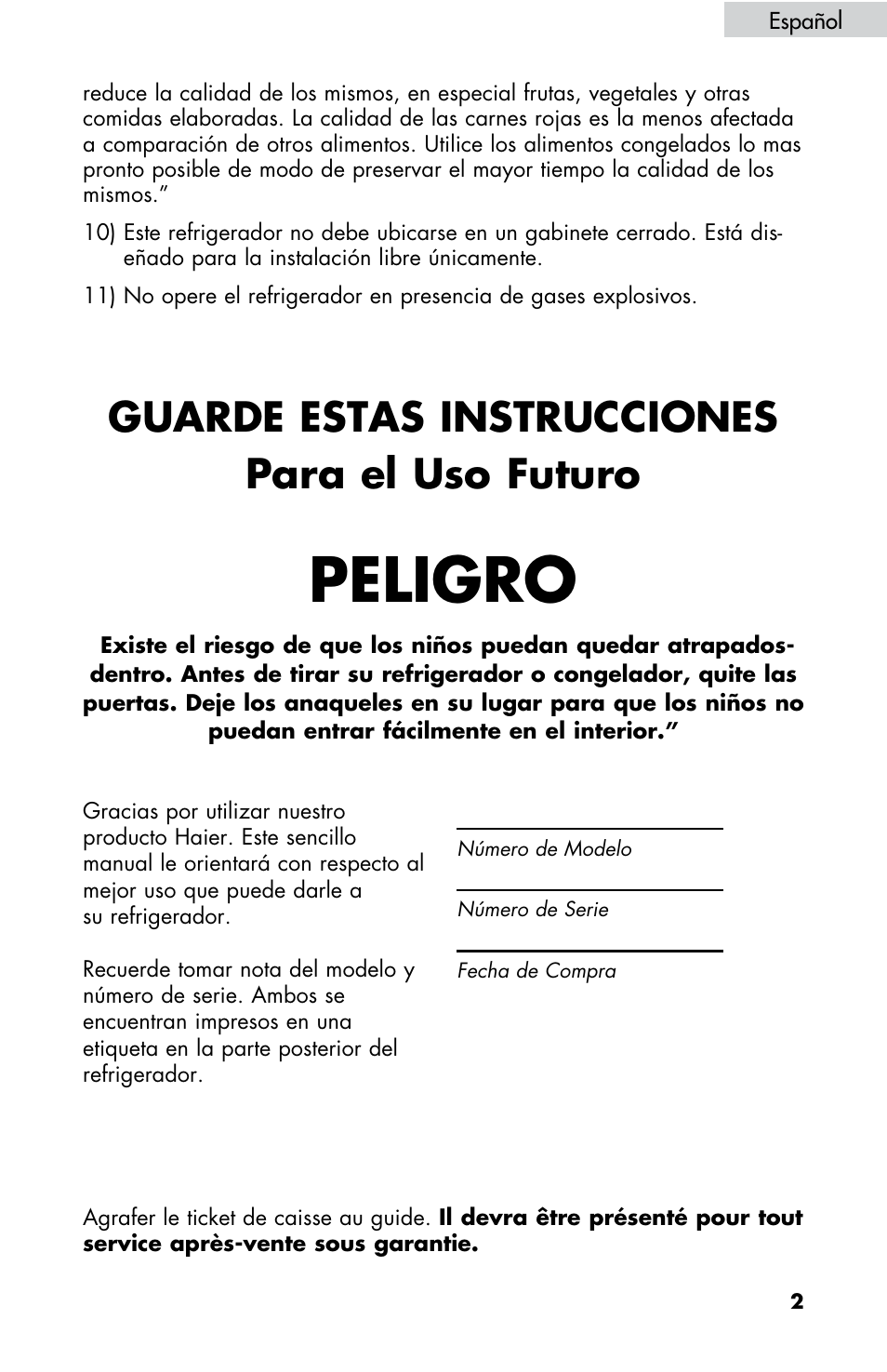 Peligro, Guarde estas instrucciones, Para el uso futuro | haier HBE18 User Manual | Page 57 / 84