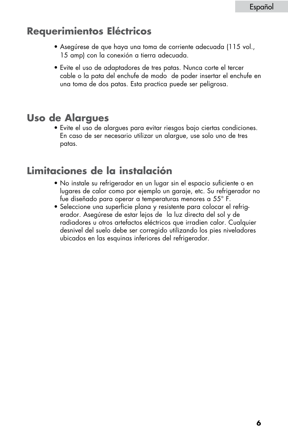 Requerimientos eléctricos, Uso de alargues limitaciones de la instalación | haier HBE18 User Manual | Page 61 / 84