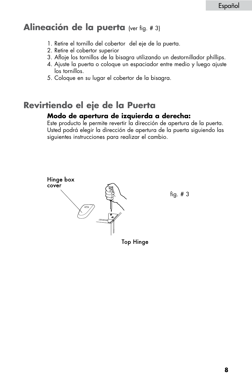 Alineación de la puerta, Revirtiendo el eje de la puerta | haier HBE18 User Manual | Page 63 / 84