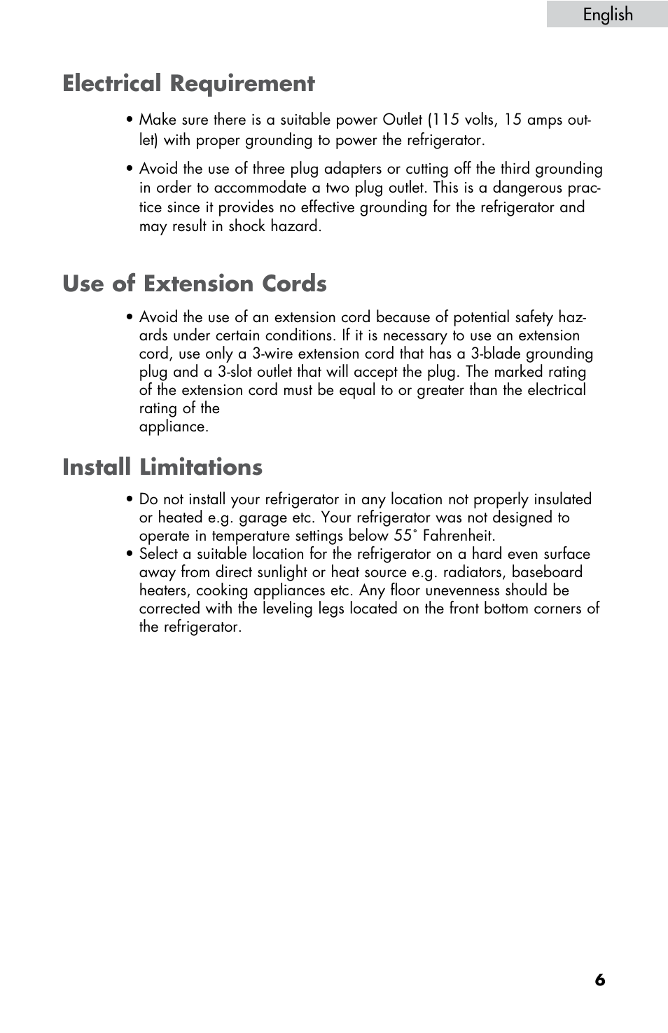 Electrical requirement, Use of extension cords, Install limitations | haier HBE18 User Manual | Page 7 / 84