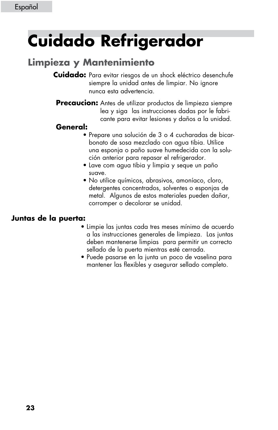 Cuidado refrigerador, Limpieza y mantenimiento | haier HBE18 User Manual | Page 78 / 84