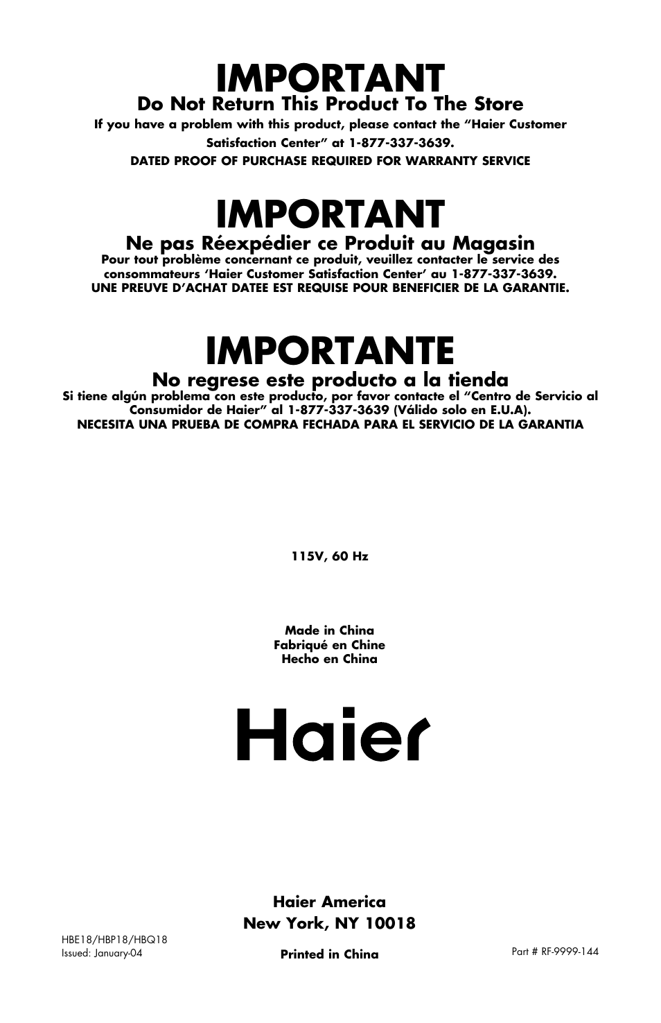 Important, Importante, Do not return this product to the store | Ne pas réexpédier ce produit au magasin, No regrese este producto a la tienda | haier HBE18 User Manual | Page 84 / 84