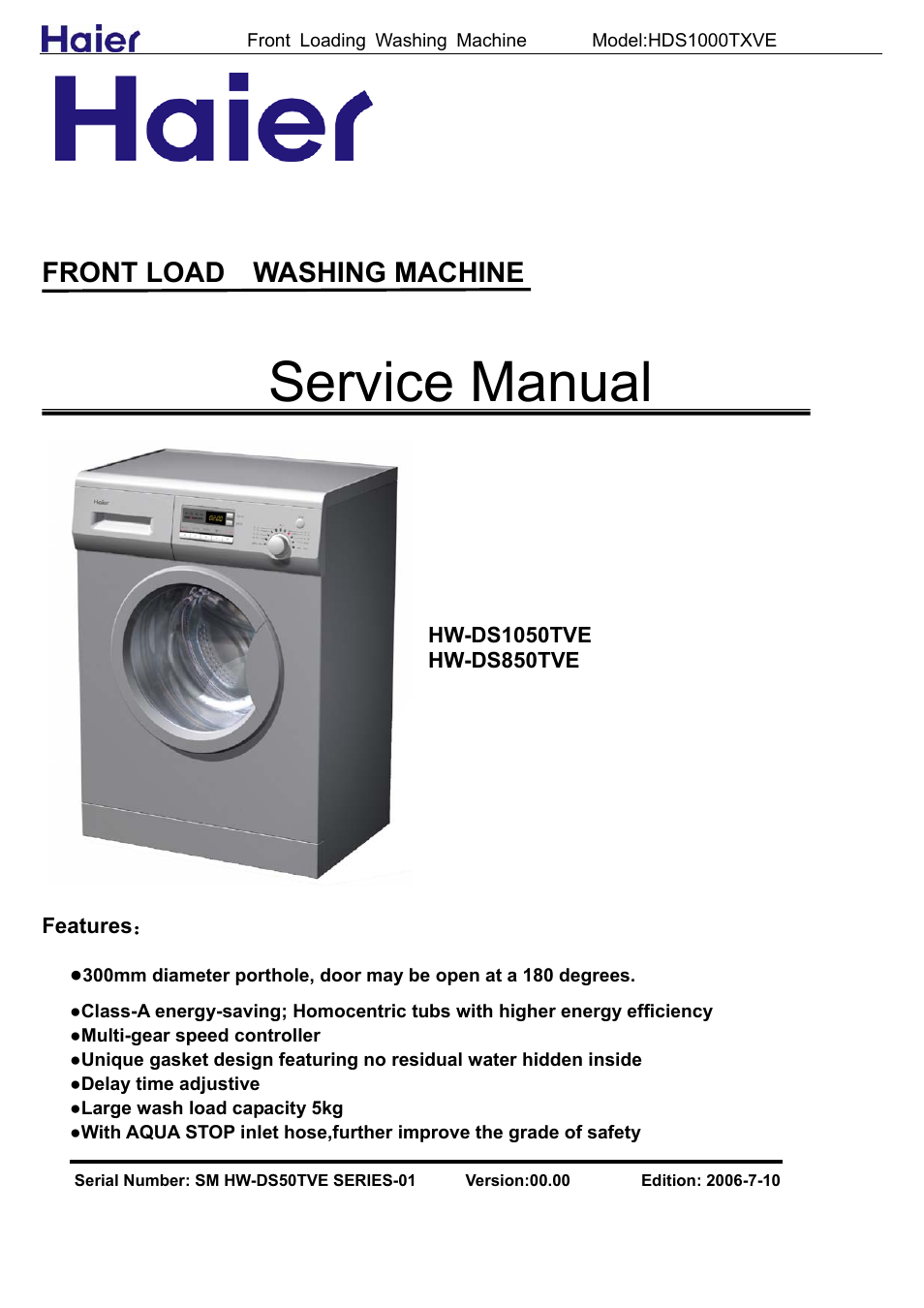 Service manual, Suited model, Front load washing machine | haier HW-DS50TVE User Manual | Page 2 / 27