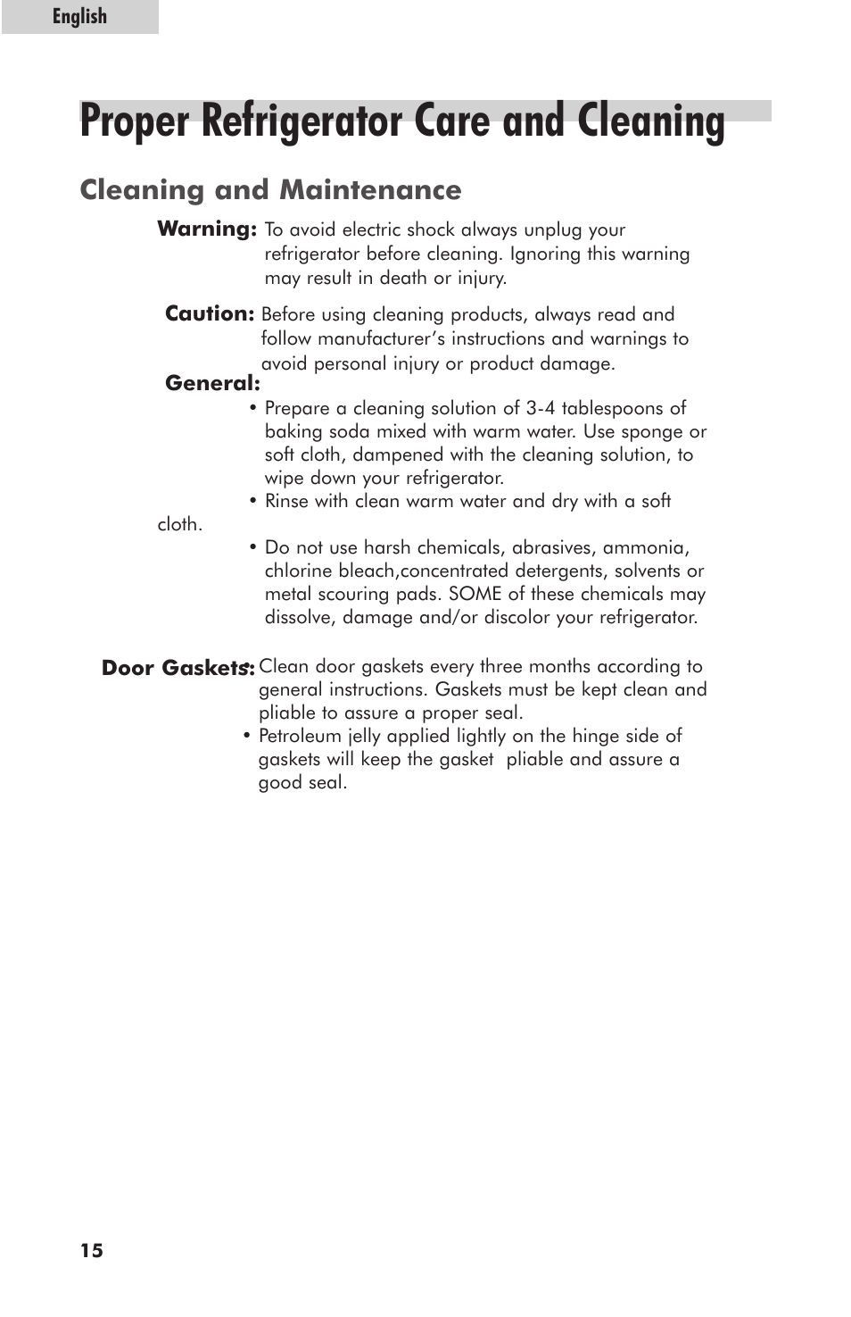 Proper refrigerator care and cleaning, Cleaning and maintenance | haier HRE10WNAWW User Manual | Page 16 / 21