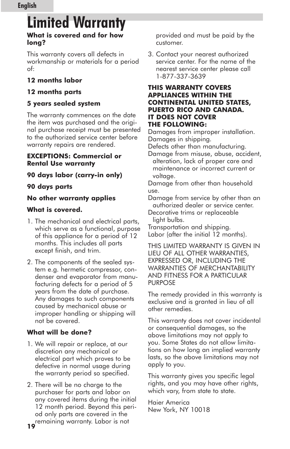 Limited warranty | haier HRE10WNAWW User Manual | Page 20 / 21